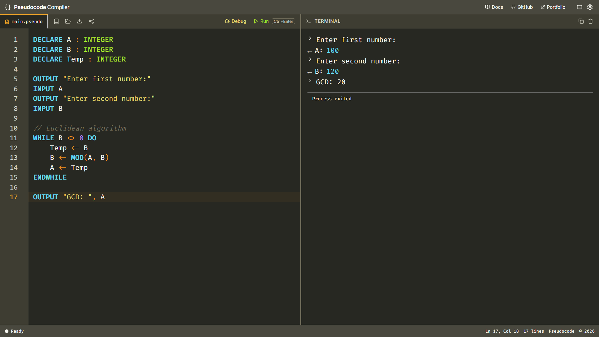 Pseudocode Compiler screenshot 4